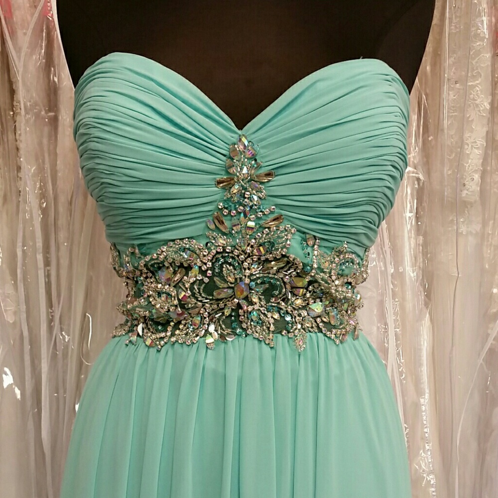 Mint Green Bejeweled Dress - Picture 2 of 5